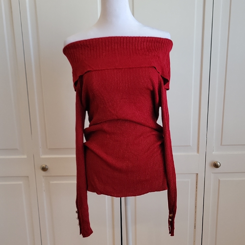 Verve Ami Off-the-Shoulder Ribbed Sweater in Deep Red